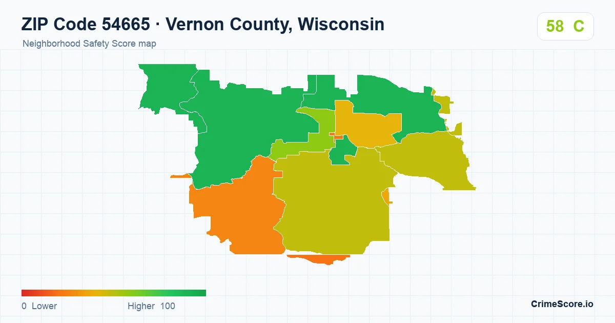 ZIP Code 54665 in Vernon County, Wisconsin neighborhood Safety Score map