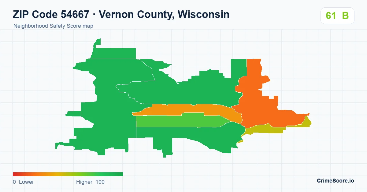 ZIP Code 54667 in Vernon County, Wisconsin neighborhood Safety Score map