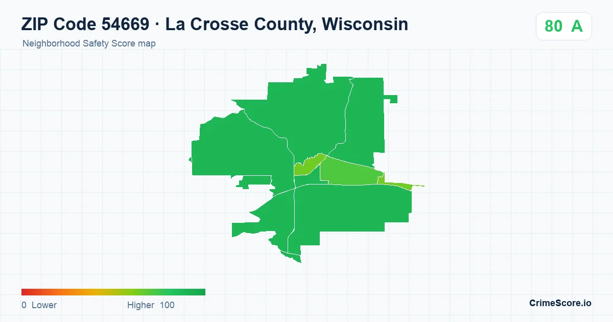 ZIP Code 54669 in La Crosse County, Wisconsin neighborhood Safety Score map