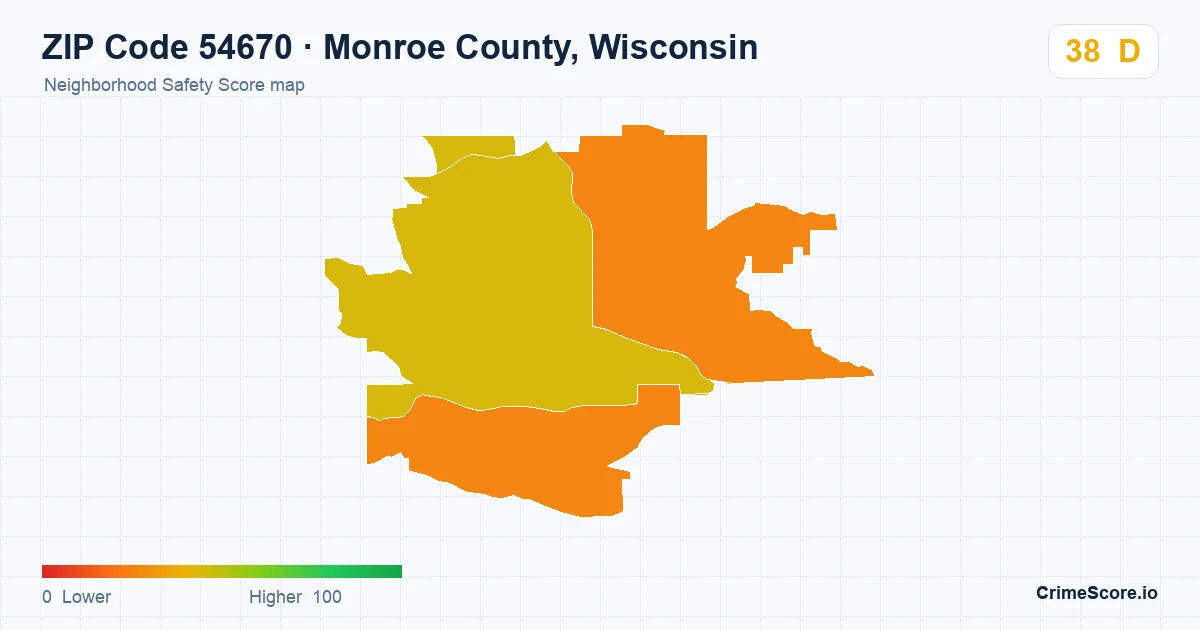 ZIP Code 54670 in Monroe County, Wisconsin neighborhood Safety Score map