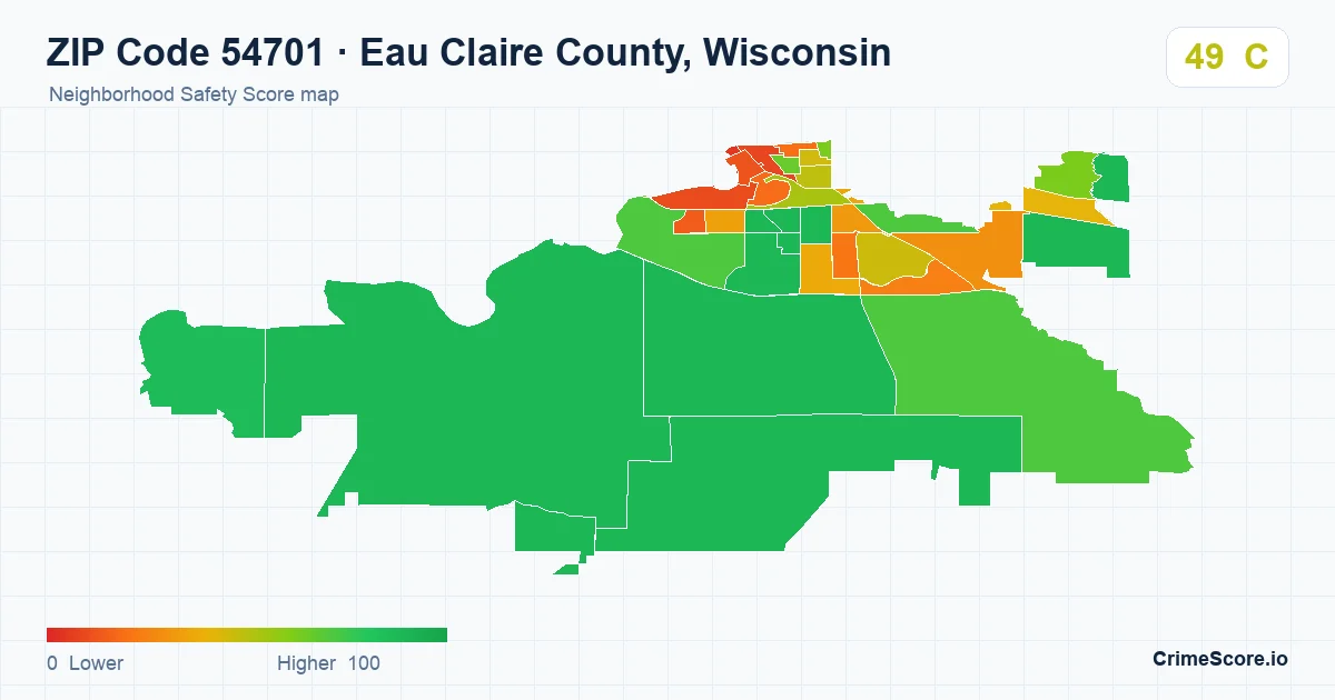 ZIP Code 54701 in Eau Claire County, Wisconsin neighborhood Safety Score map