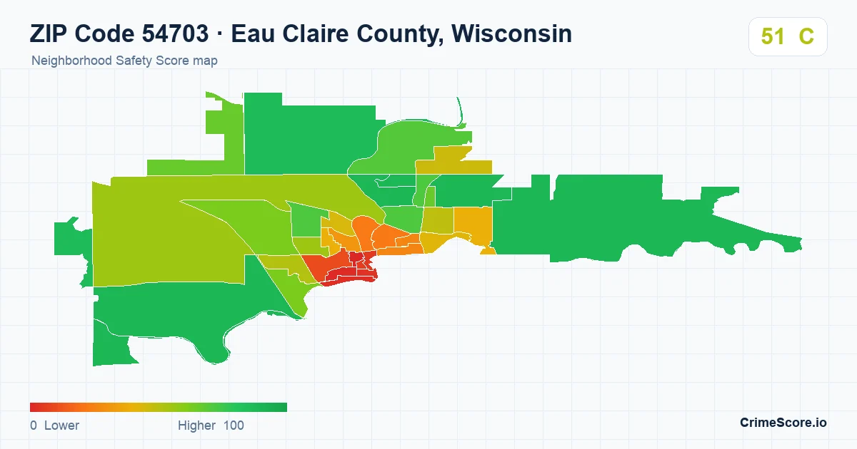 ZIP Code 54703 in Eau Claire County, Wisconsin neighborhood Safety Score map