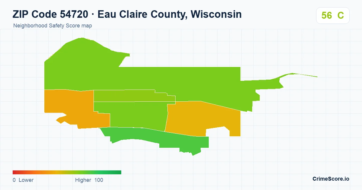 ZIP Code 54720 in Eau Claire County, Wisconsin neighborhood Safety Score map