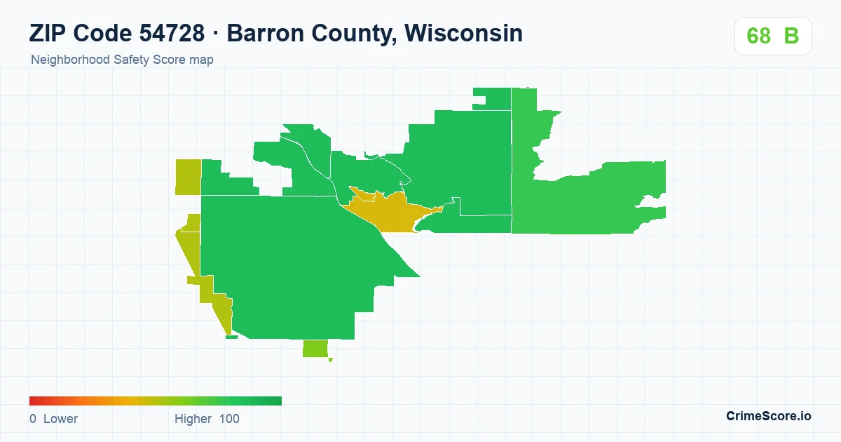 ZIP Code 54728 in Barron County, Wisconsin neighborhood Safety Score map