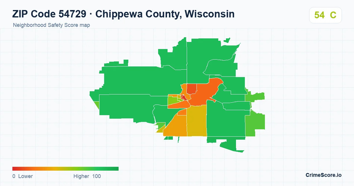 ZIP Code 54729 in Chippewa County, Wisconsin neighborhood Safety Score map