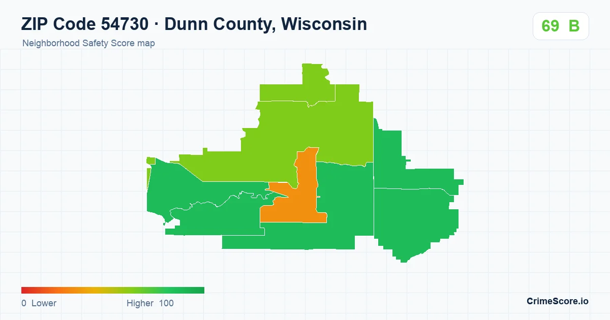 ZIP Code 54730 in Dunn County, Wisconsin neighborhood Safety Score map