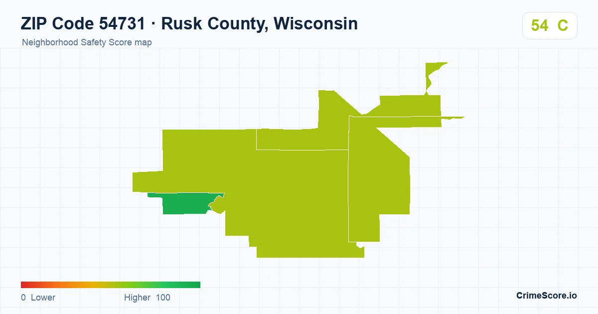 ZIP Code 54731 in Rusk County, Wisconsin neighborhood Safety Score map