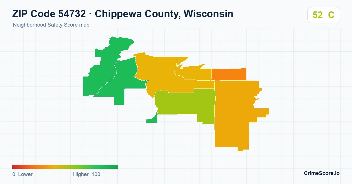 ZIP Code 54732 in Chippewa County, Wisconsin neighborhood Safety Score map