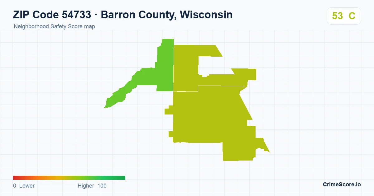 ZIP Code 54733 in Barron County, Wisconsin neighborhood Safety Score map