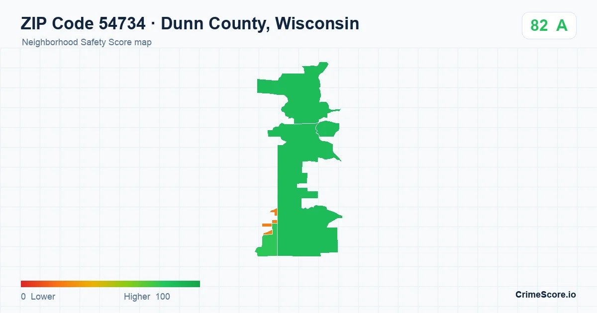 ZIP Code 54734 in Dunn County, Wisconsin neighborhood Safety Score map