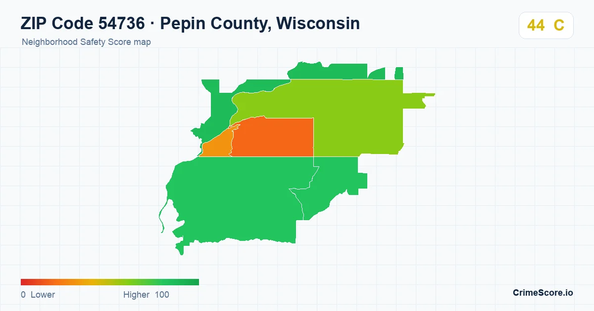 ZIP Code 54736 in Pepin County, Wisconsin neighborhood Safety Score map