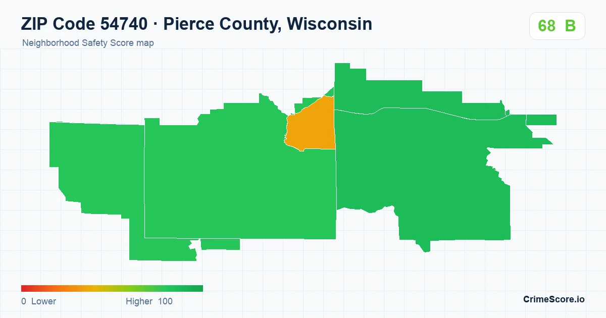 ZIP Code 54740 in Pierce County, Wisconsin neighborhood Safety Score map