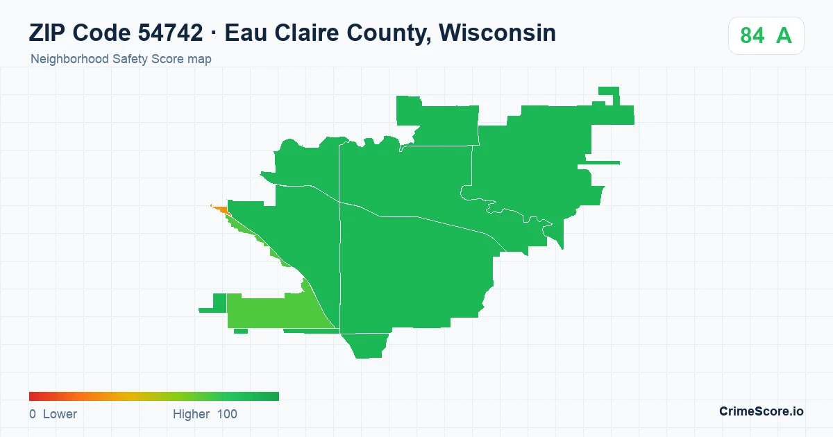 ZIP Code 54742 in Eau Claire County, Wisconsin neighborhood Safety Score map
