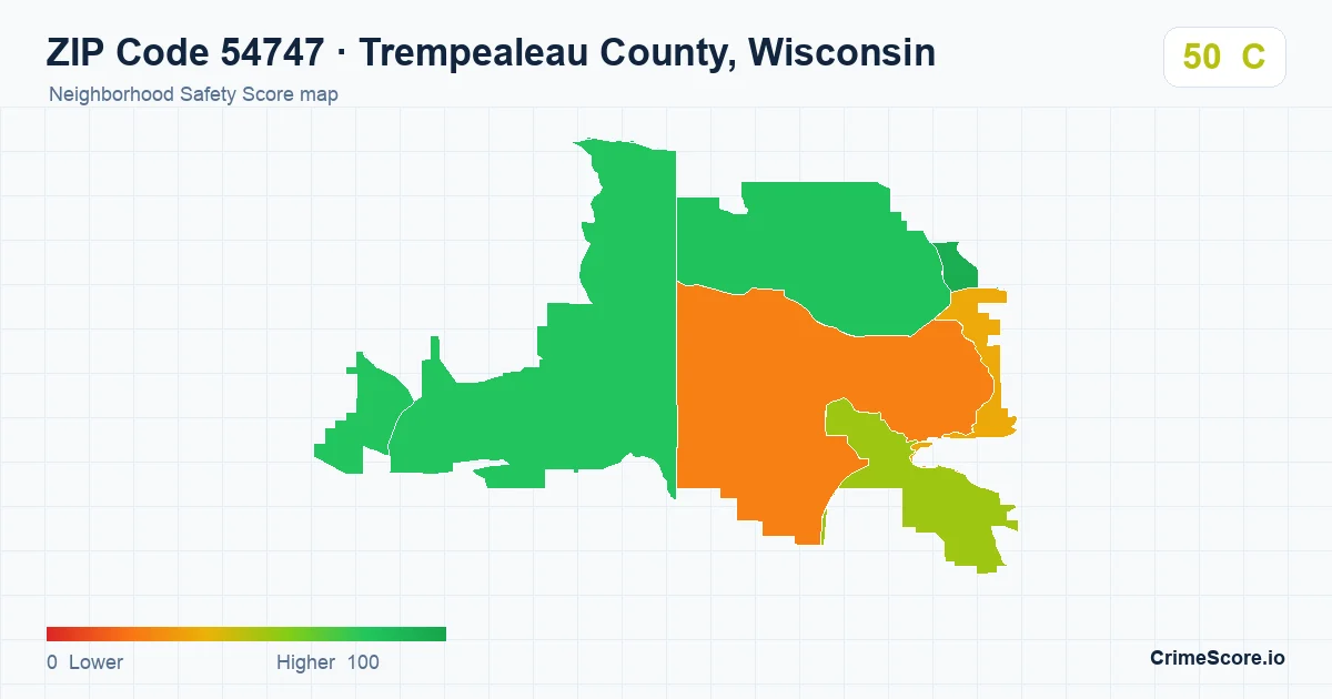 ZIP Code 54747 in Trempealeau County, Wisconsin neighborhood Safety Score map