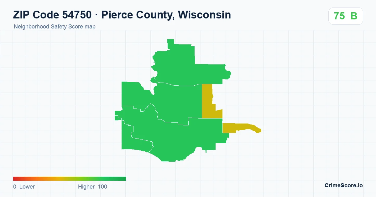ZIP Code 54750 in Pierce County, Wisconsin neighborhood Safety Score map