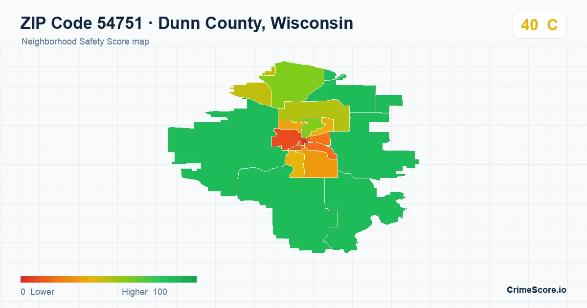 ZIP Code 54751 in Dunn County, Wisconsin neighborhood Safety Score map