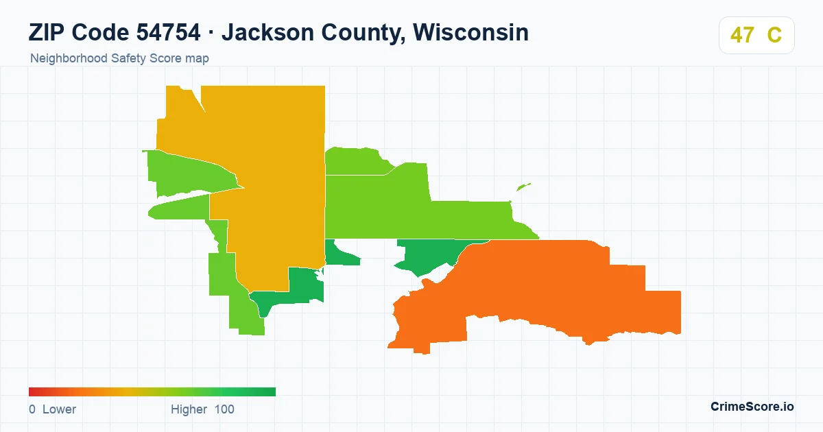 ZIP Code 54754 in Jackson County, Wisconsin neighborhood Safety Score map
