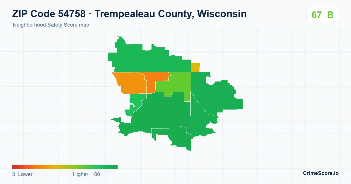 ZIP Code 54758 in Trempealeau County, Wisconsin neighborhood Safety Score map