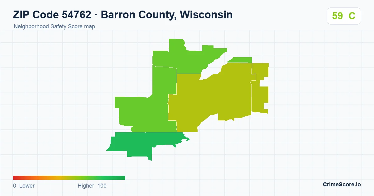 ZIP Code 54762 in Barron County, Wisconsin neighborhood Safety Score map