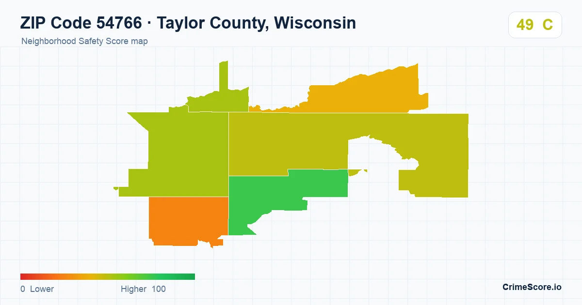 ZIP Code 54766 in Taylor County, Wisconsin neighborhood Safety Score map