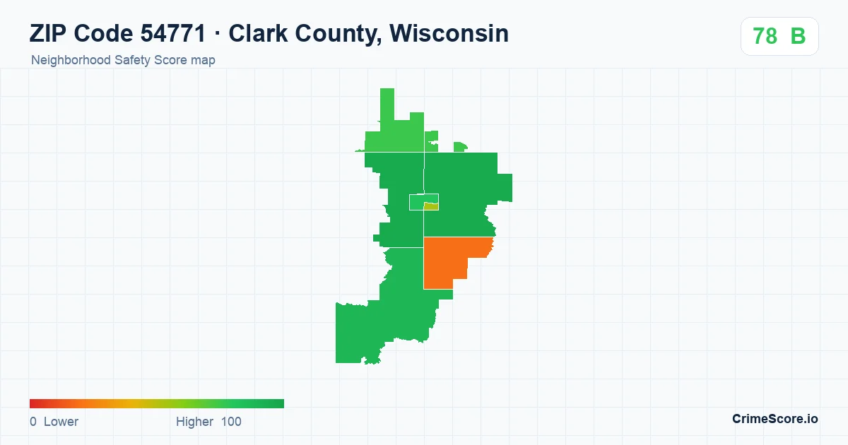 ZIP Code 54771 in Clark County, Wisconsin neighborhood Safety Score map