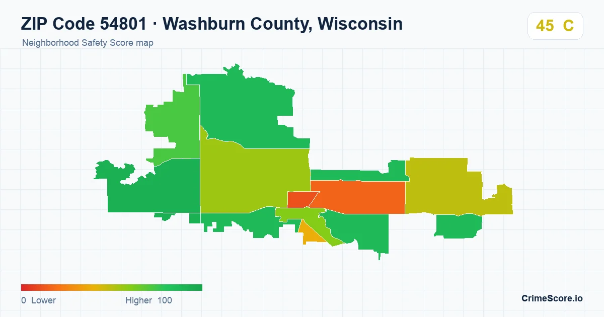 ZIP Code 54801 in Washburn County, Wisconsin neighborhood Safety Score map