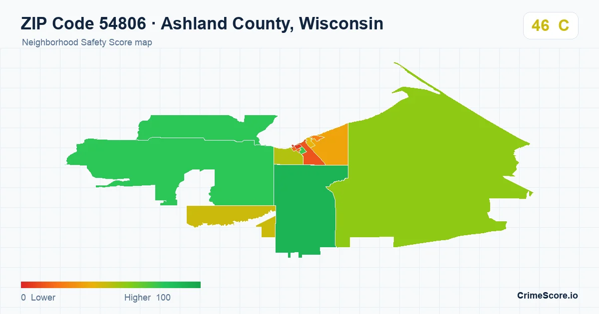ZIP Code 54806 in Ashland County, Wisconsin neighborhood Safety Score map
