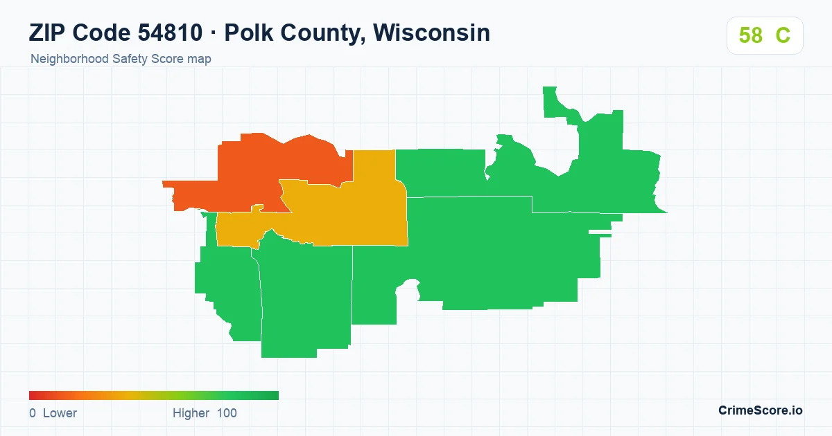 ZIP Code 54810 in Polk County, Wisconsin neighborhood Safety Score map