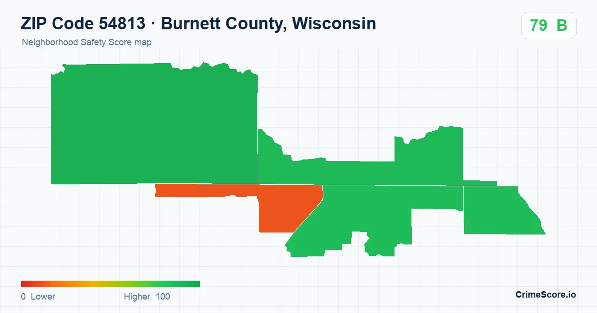 ZIP Code 54813 in Burnett County, Wisconsin neighborhood Safety Score map