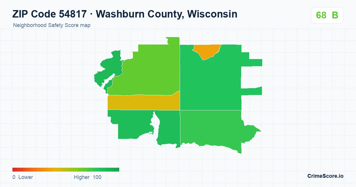 ZIP Code 54817 in Washburn County, Wisconsin neighborhood Safety Score map