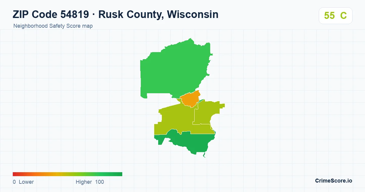 ZIP Code 54819 in Rusk County, Wisconsin neighborhood Safety Score map