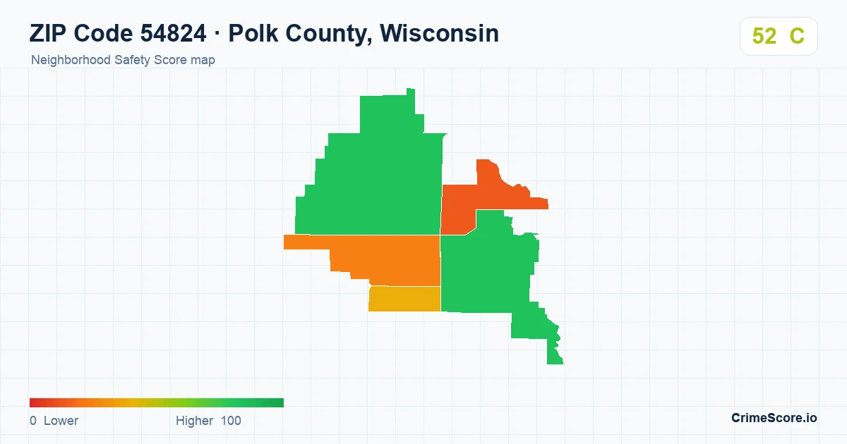 ZIP Code 54824 in Polk County, Wisconsin neighborhood Safety Score map