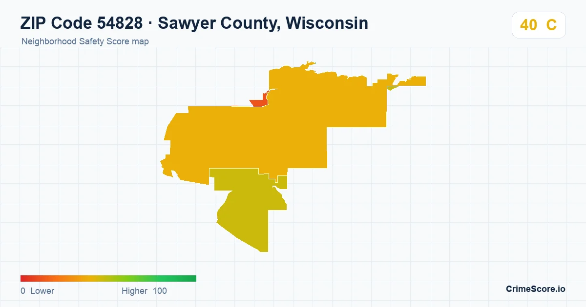 ZIP Code 54828 in Sawyer County, Wisconsin neighborhood Safety Score map