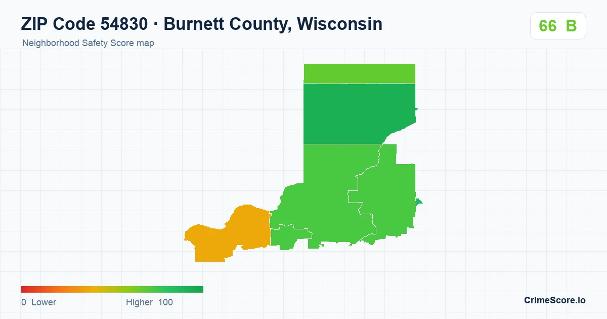 ZIP Code 54830 in Burnett County, Wisconsin neighborhood Safety Score map