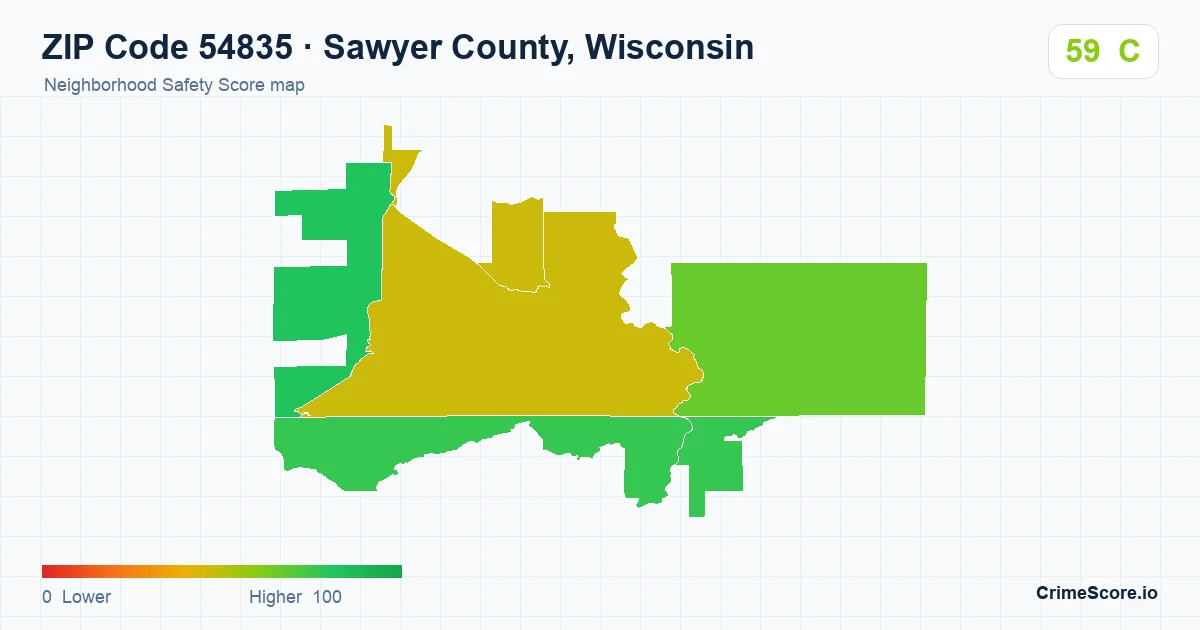 ZIP Code 54835 in Sawyer County, Wisconsin neighborhood Safety Score map
