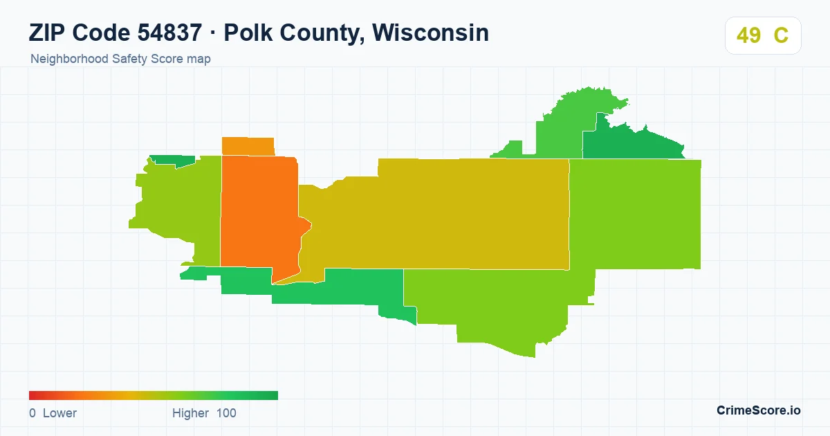 ZIP Code 54837 in Polk County, Wisconsin neighborhood Safety Score map