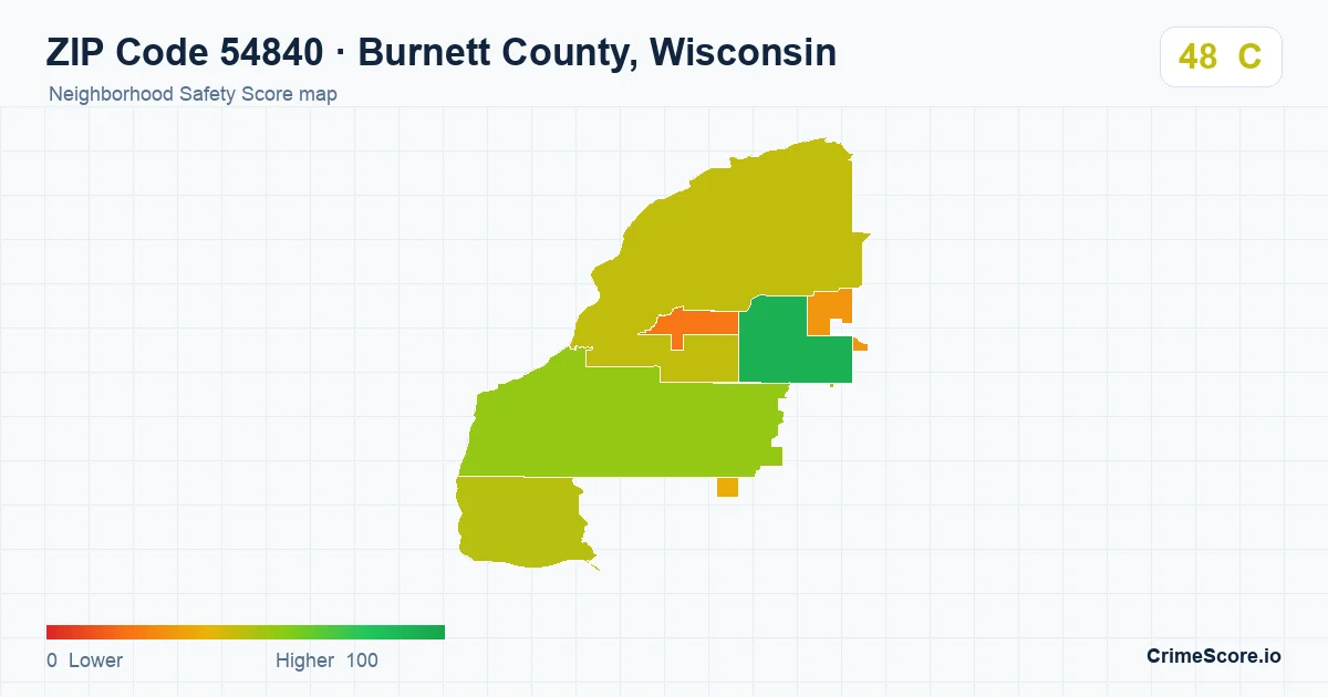 ZIP Code 54840 in Burnett County, Wisconsin neighborhood Safety Score map