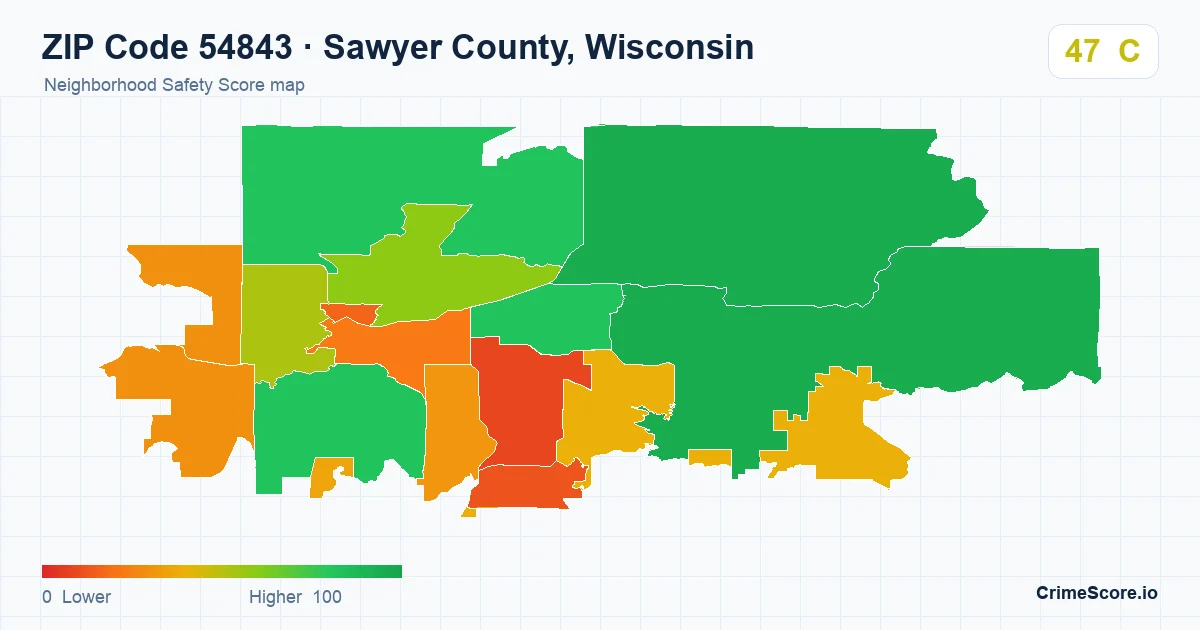 ZIP Code 54843 in Sawyer County, Wisconsin neighborhood Safety Score map