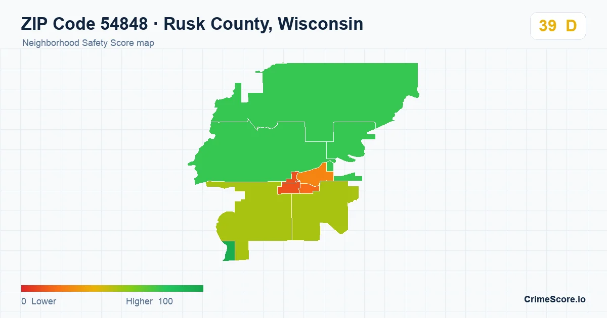 ZIP Code 54848 in Rusk County, Wisconsin neighborhood Safety Score map