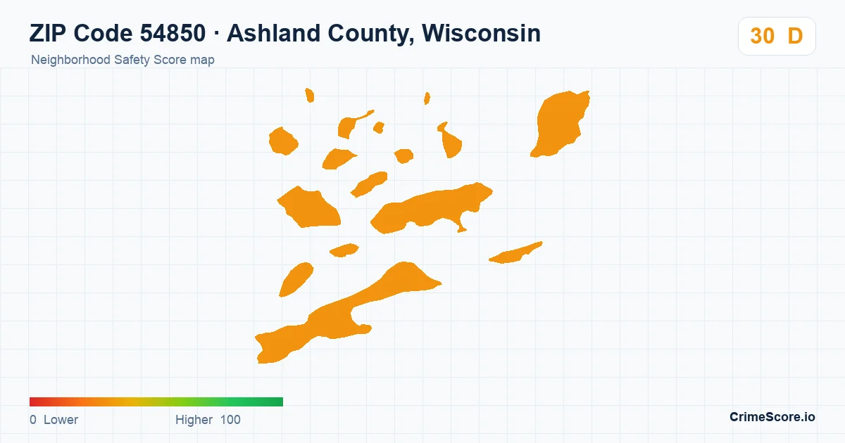 ZIP Code 54850 in Ashland County, Wisconsin neighborhood Safety Score map