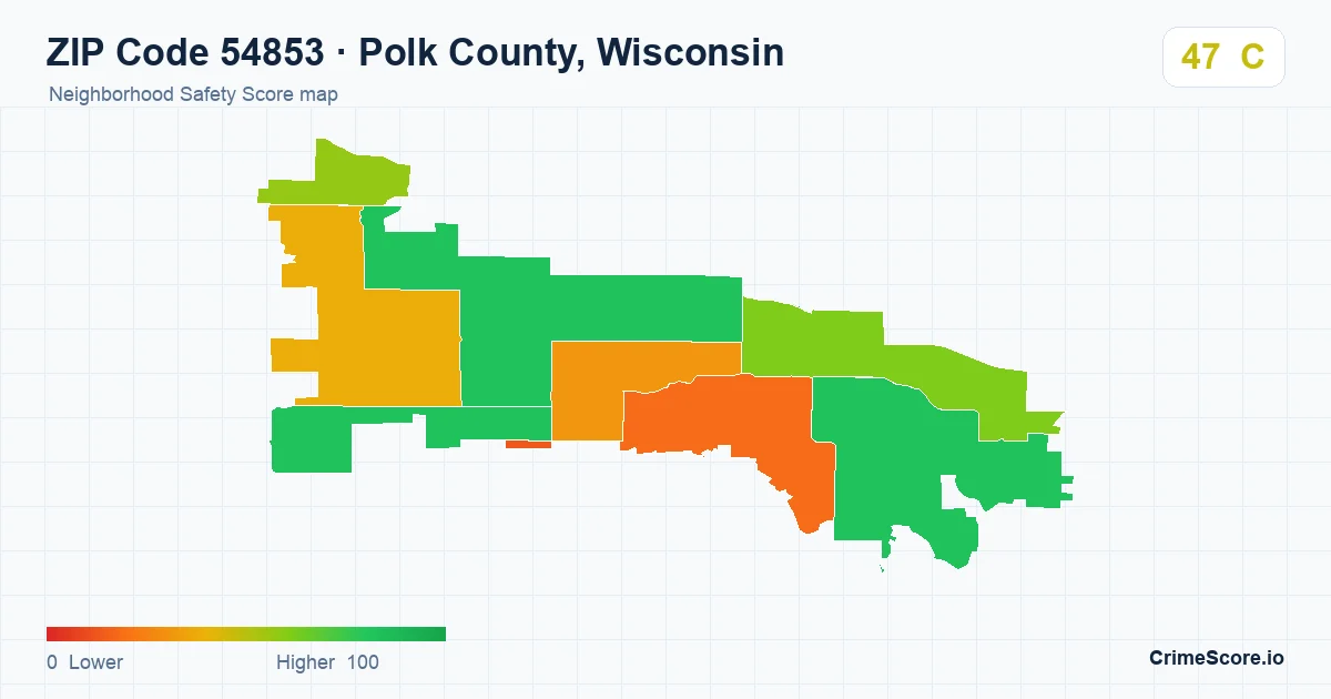 ZIP Code 54853 in Polk County, Wisconsin neighborhood Safety Score map