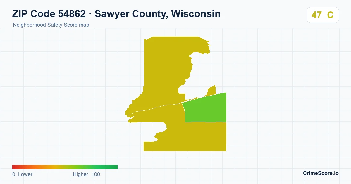 ZIP Code 54862 in Sawyer County, Wisconsin neighborhood Safety Score map