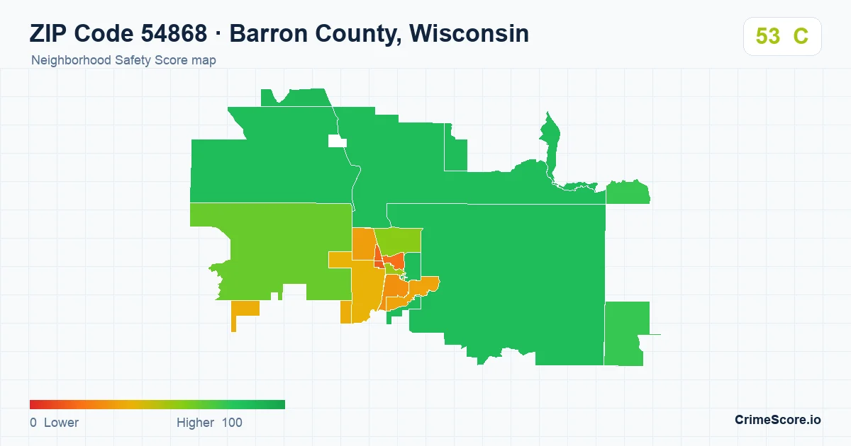 ZIP Code 54868 in Barron County, Wisconsin neighborhood Safety Score map