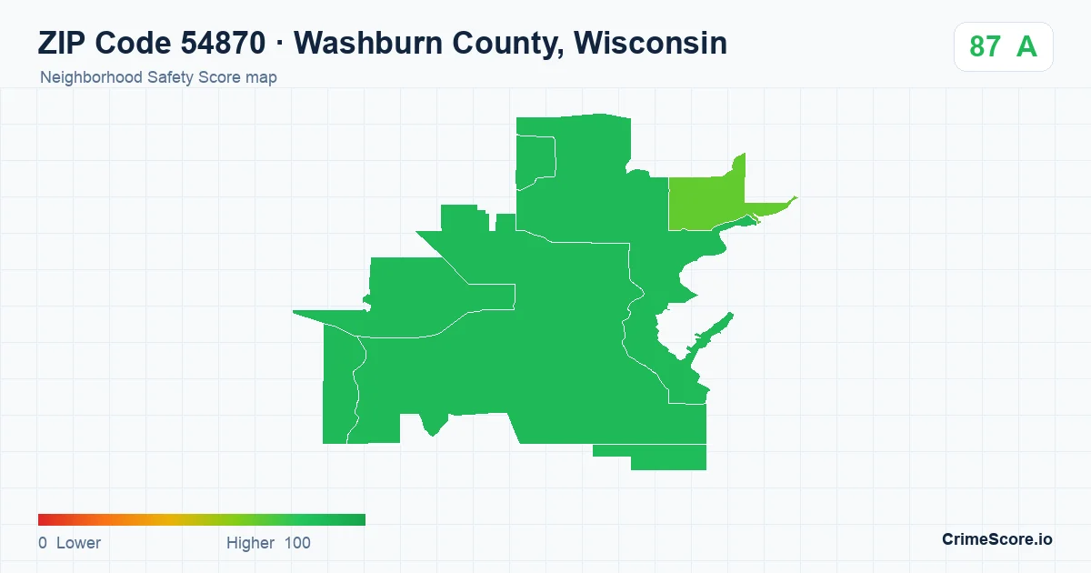 ZIP Code 54870 in Washburn County, Wisconsin neighborhood Safety Score map