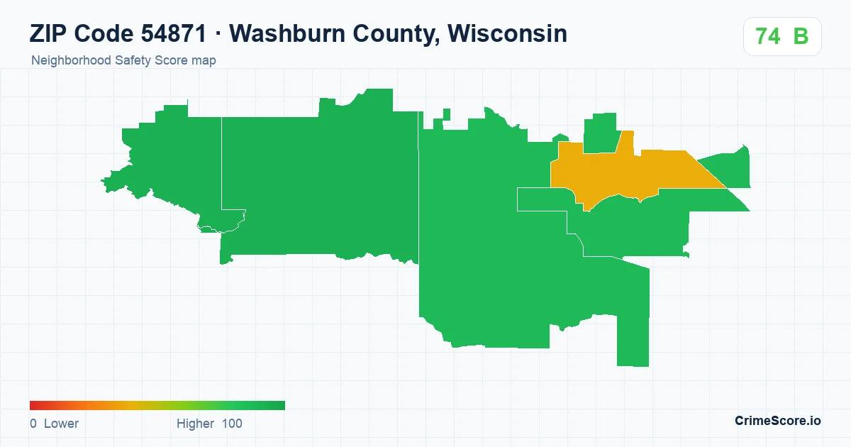 ZIP Code 54871 in Washburn County, Wisconsin neighborhood Safety Score map