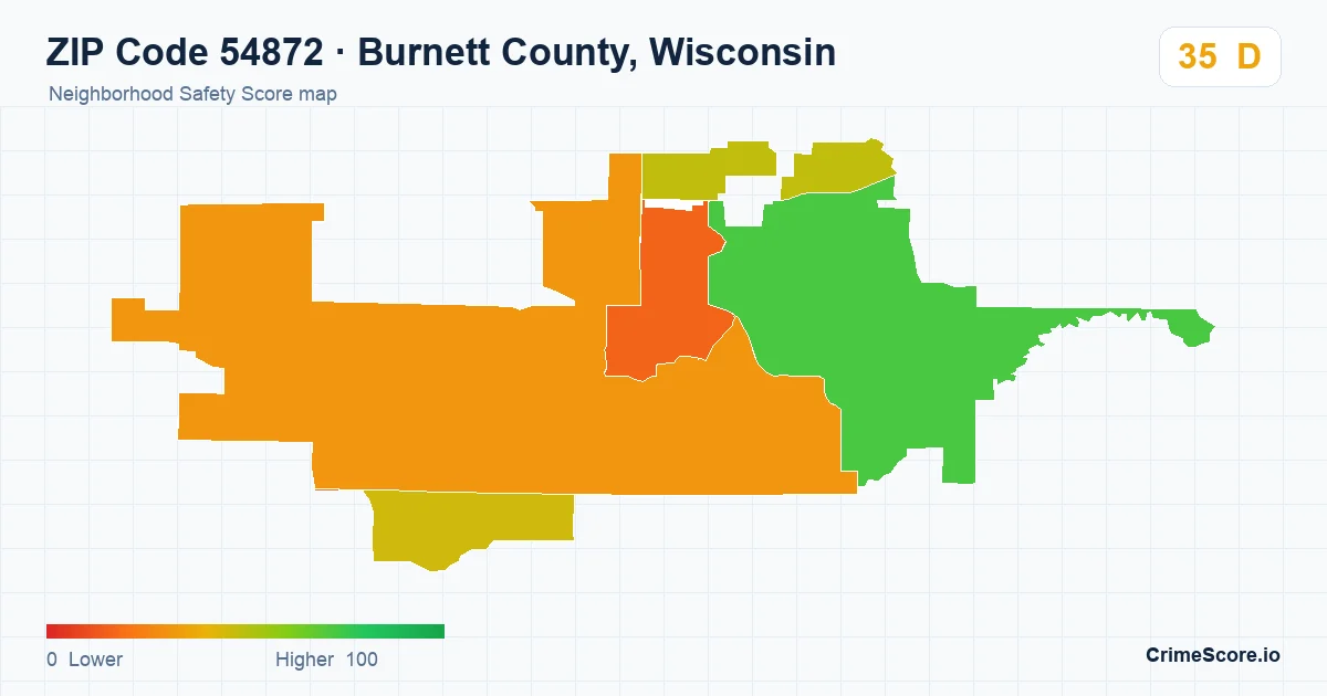 ZIP Code 54872 in Burnett County, Wisconsin neighborhood Safety Score map