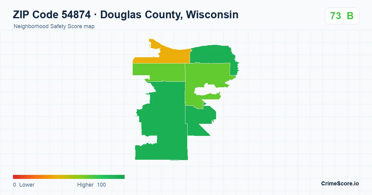 ZIP Code 54874 in Douglas County, Wisconsin neighborhood Safety Score map