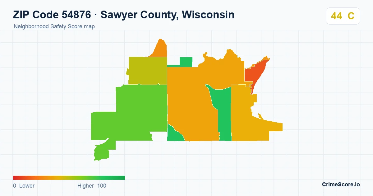 ZIP Code 54876 in Sawyer County, Wisconsin neighborhood Safety Score map