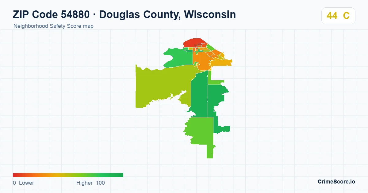 ZIP Code 54880 in Douglas County, Wisconsin neighborhood Safety Score map