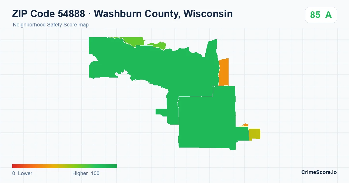 ZIP Code 54888 in Washburn County, Wisconsin neighborhood Safety Score map